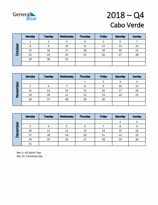 Free Q4 2018 Calendar for Cabo Verde - Monday Start