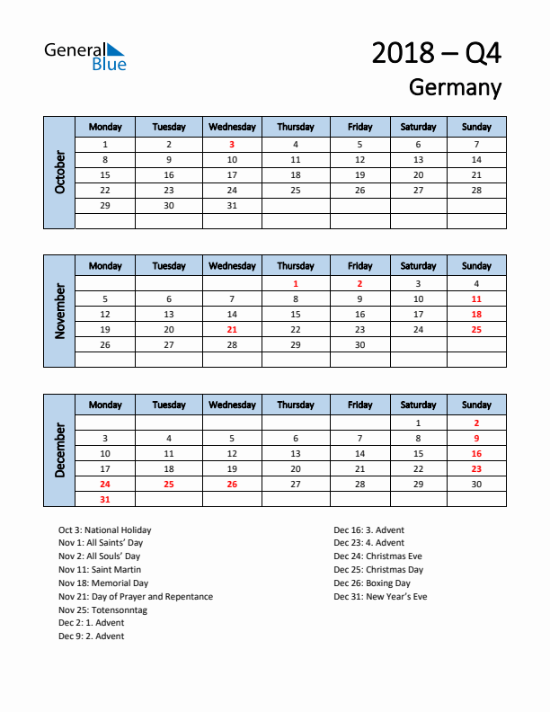 Free Q4 2018 Calendar for Germany - Monday Start