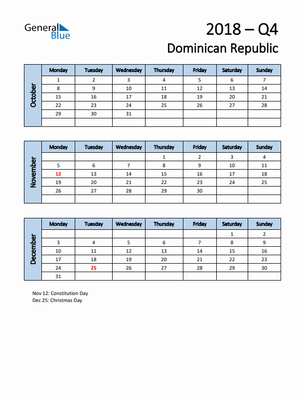 Free Q4 2018 Calendar for Dominican Republic - Monday Start