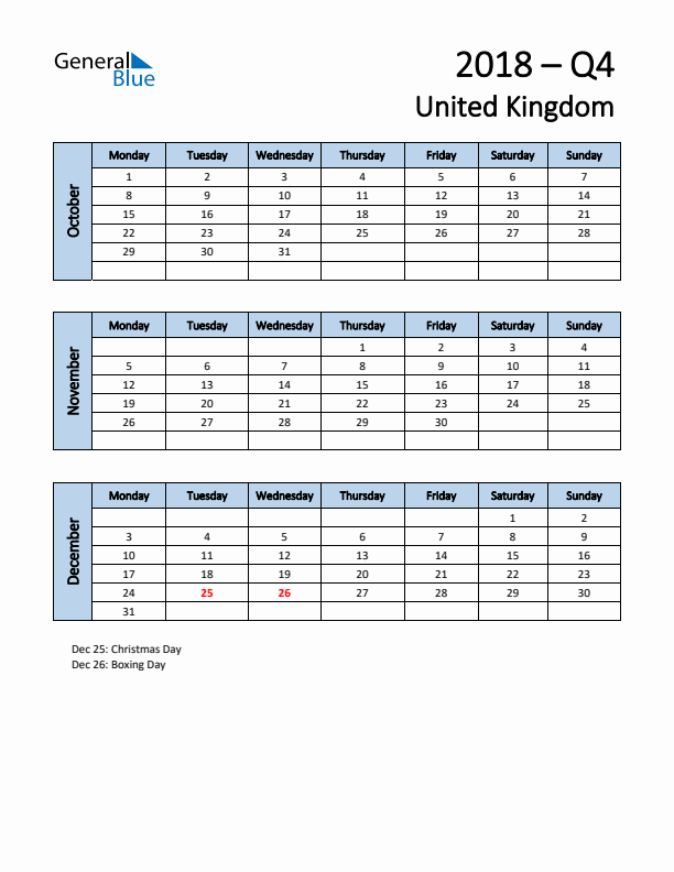 Free Q4 2018 Calendar for United Kingdom - Monday Start