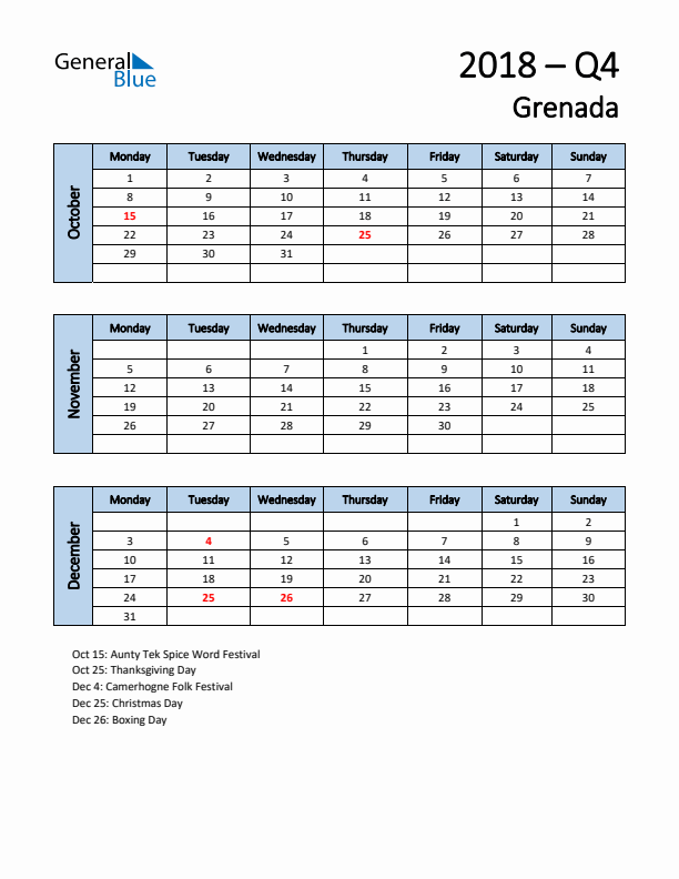 Free Q4 2018 Calendar for Grenada - Monday Start