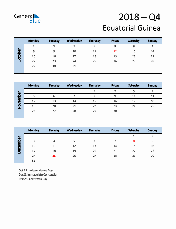 Free Q4 2018 Calendar for Equatorial Guinea - Monday Start