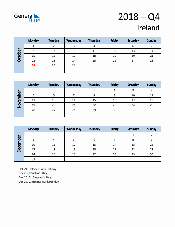 Free Q4 2018 Calendar for Ireland - Monday Start