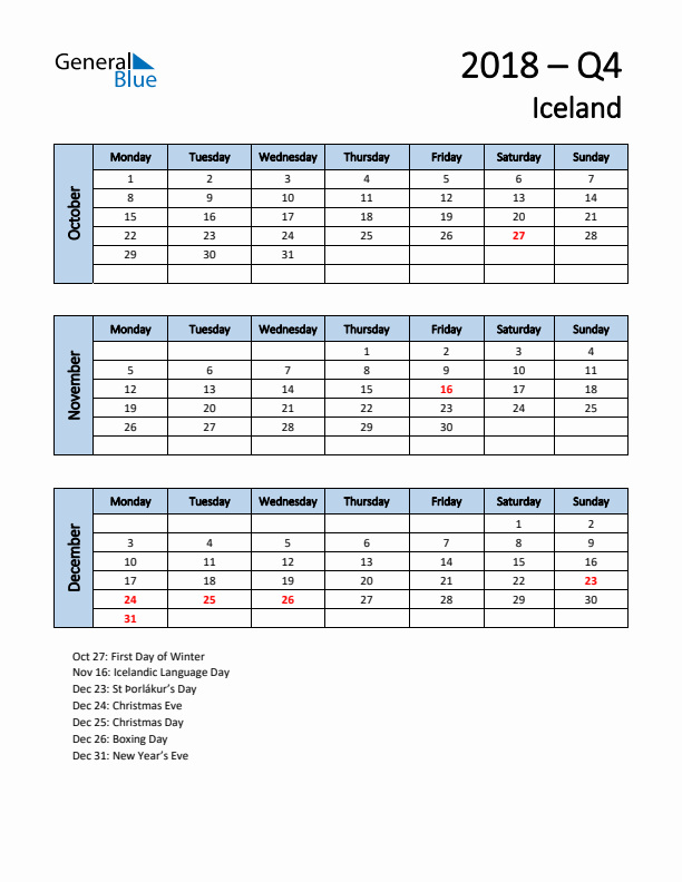 Free Q4 2018 Calendar for Iceland - Monday Start