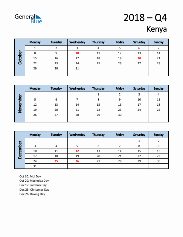 Free Q4 2018 Calendar for Kenya - Monday Start