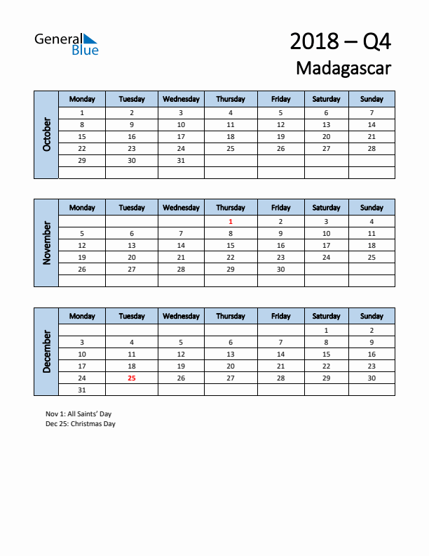 Free Q4 2018 Calendar for Madagascar - Monday Start
