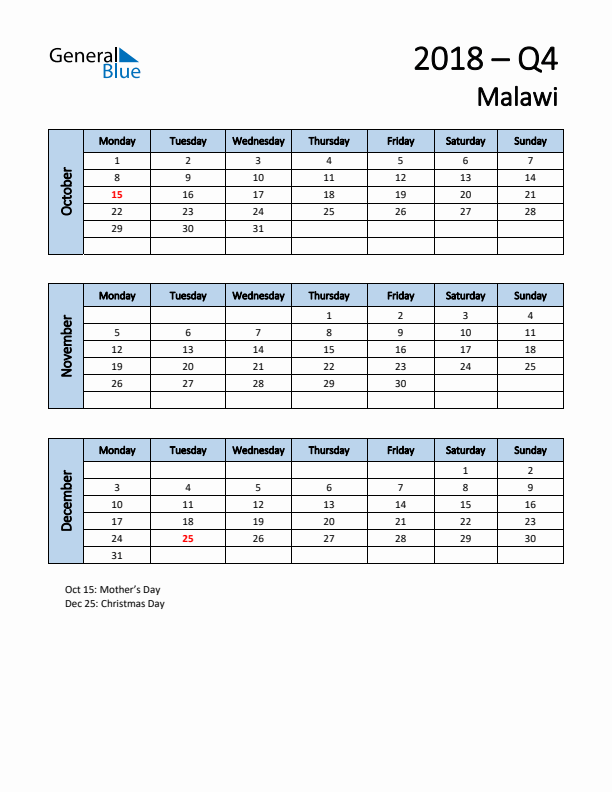 Free Q4 2018 Calendar for Malawi - Monday Start