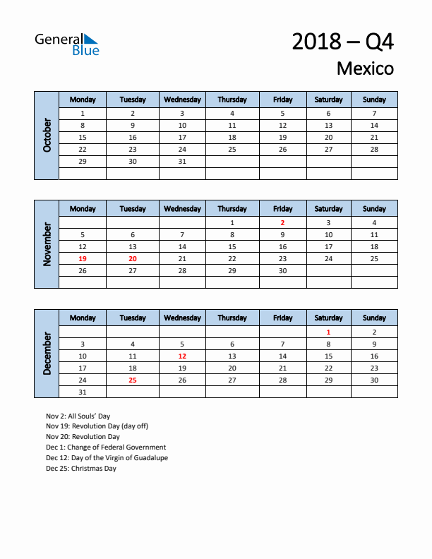 Free Q4 2018 Calendar for Mexico - Monday Start
