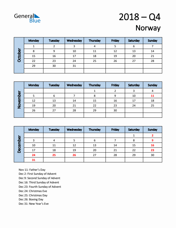 Free Q4 2018 Calendar for Norway - Monday Start