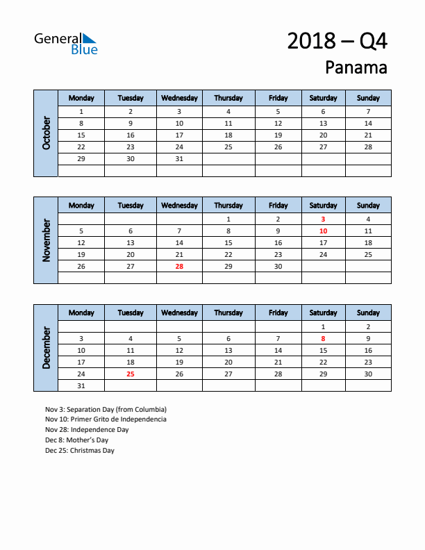 Free Q4 2018 Calendar for Panama - Monday Start