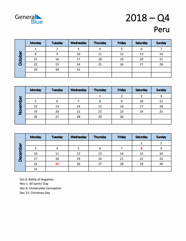 Free Q4 2018 Calendar for Peru - Monday Start