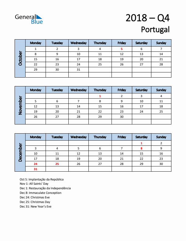 Free Q4 2018 Calendar for Portugal - Monday Start