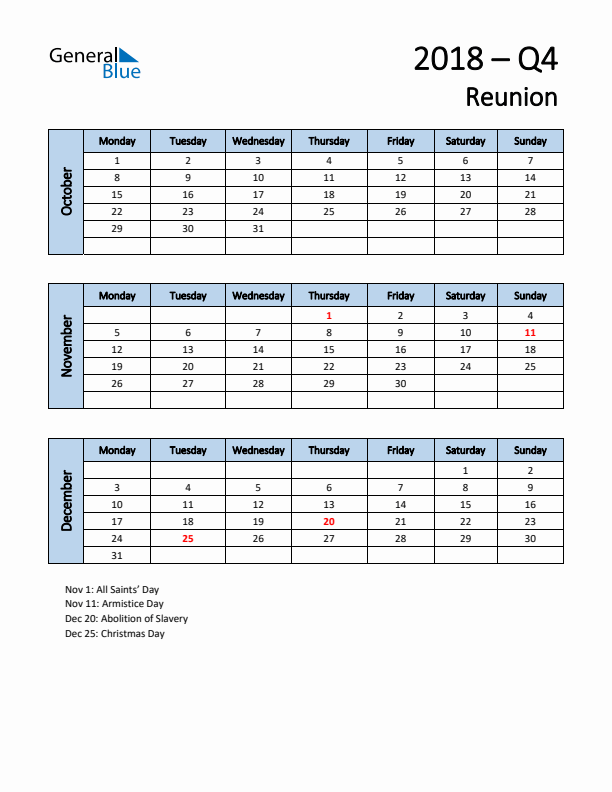 Free Q4 2018 Calendar for Reunion - Monday Start