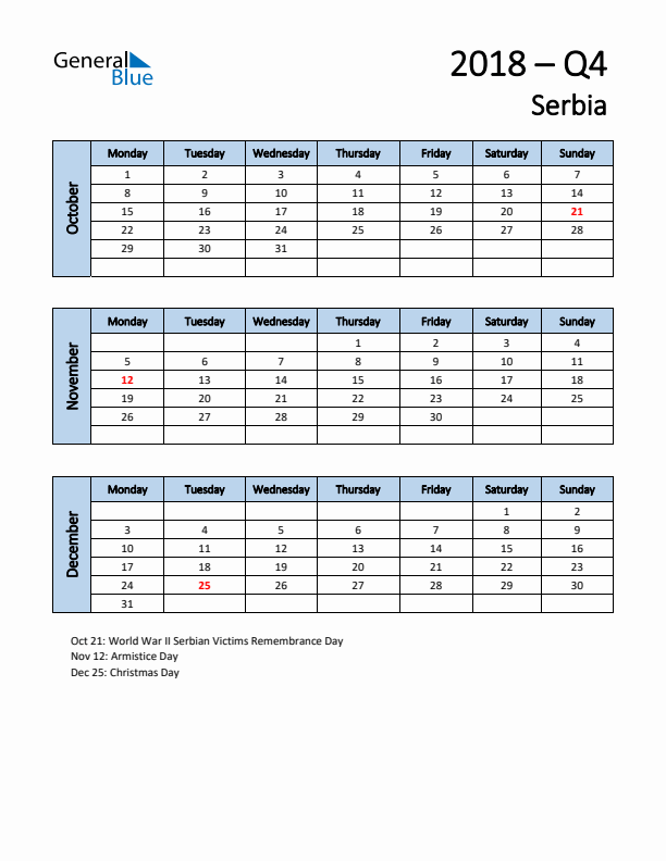 Free Q4 2018 Calendar for Serbia - Monday Start