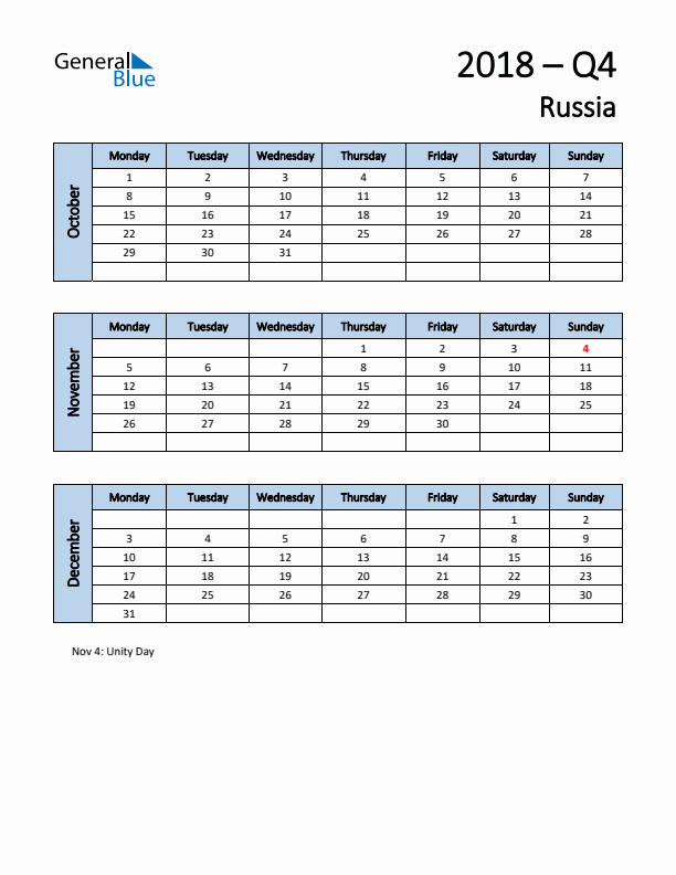 Free Q4 2018 Calendar for Russia - Monday Start