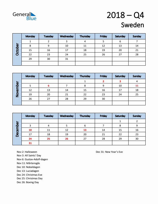 Free Q4 2018 Calendar for Sweden - Monday Start