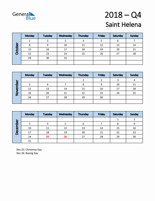 Free Q4 2018 Calendar for Saint Helena - Monday Start