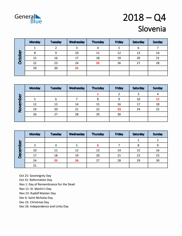 Free Q4 2018 Calendar for Slovenia - Monday Start