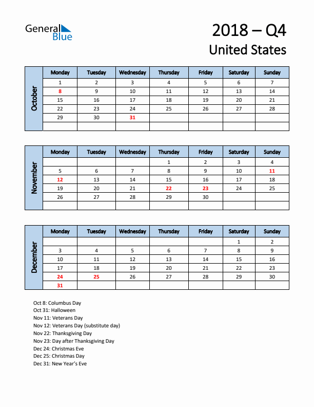 Free Q4 2018 Calendar for United States - Monday Start