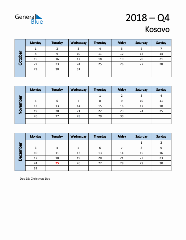 Free Q4 2018 Calendar for Kosovo - Monday Start