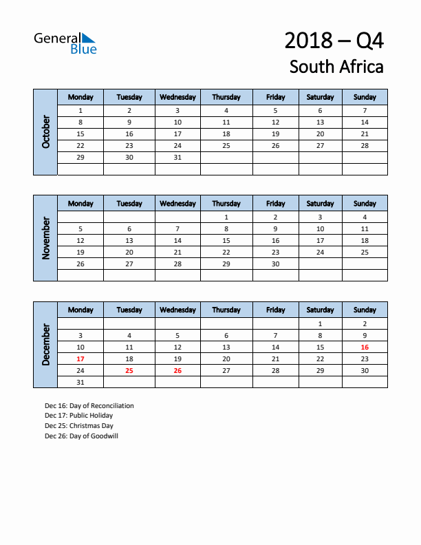 Free Q4 2018 Calendar for South Africa - Monday Start