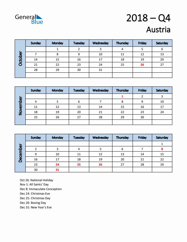 Free Q4 2018 Calendar for Austria - Sunday Start