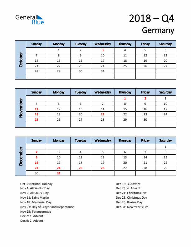 Free Q4 2018 Calendar for Germany - Sunday Start