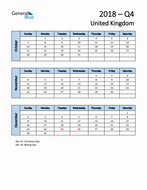 Free Q4 2018 Calendar for United Kingdom - Sunday Start