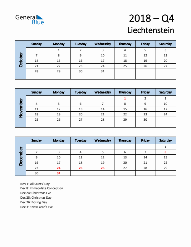 Free Q4 2018 Calendar for Liechtenstein - Sunday Start