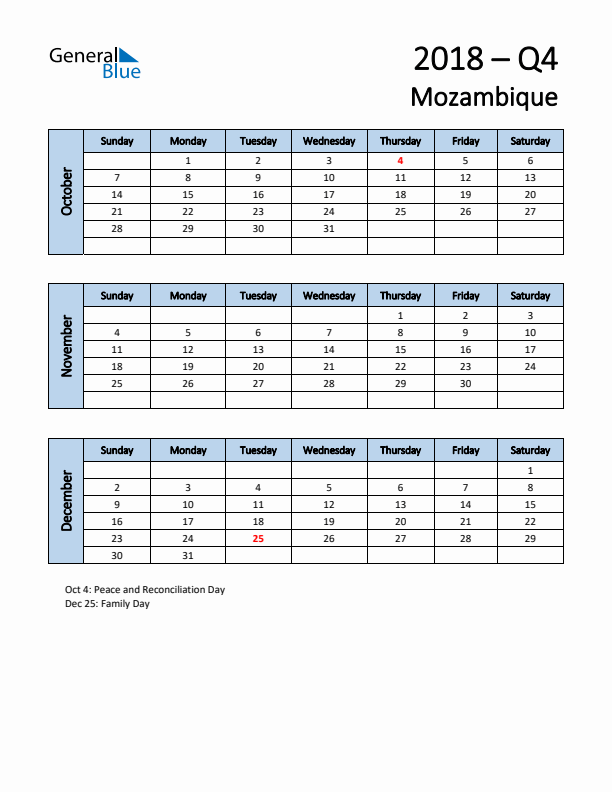Free Q4 2018 Calendar for Mozambique - Sunday Start