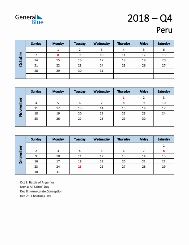 Free Q4 2018 Calendar for Peru - Sunday Start