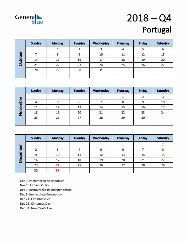 Free Q4 2018 Calendar for Portugal - Sunday Start