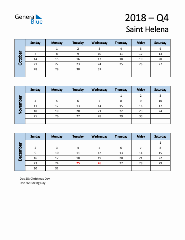 Free Q4 2018 Calendar for Saint Helena - Sunday Start
