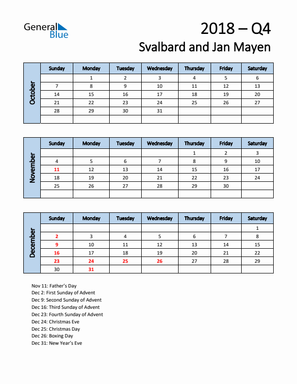 Free Q4 2018 Calendar for Svalbard and Jan Mayen - Sunday Start