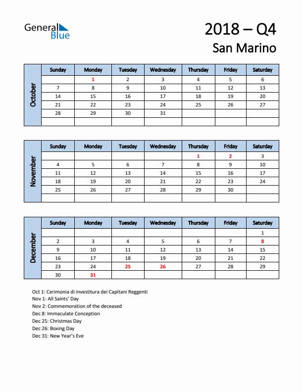 Free Q4 2018 Calendar for San Marino - Sunday Start