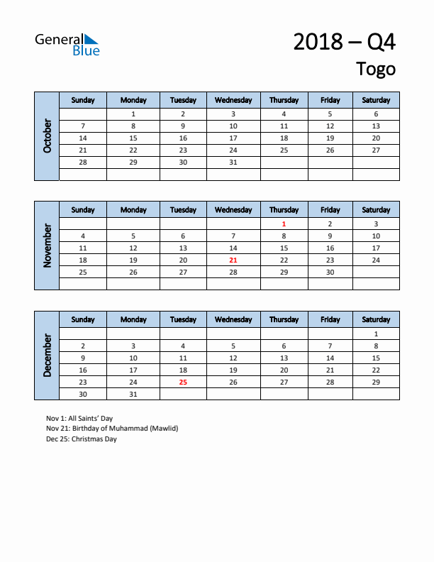 Free Q4 2018 Calendar for Togo - Sunday Start