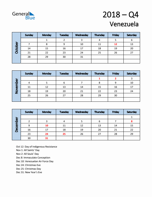 Free Q4 2018 Calendar for Venezuela - Sunday Start