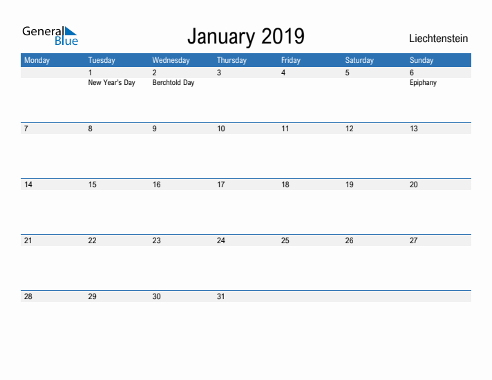 Fillable January 2019 Calendar