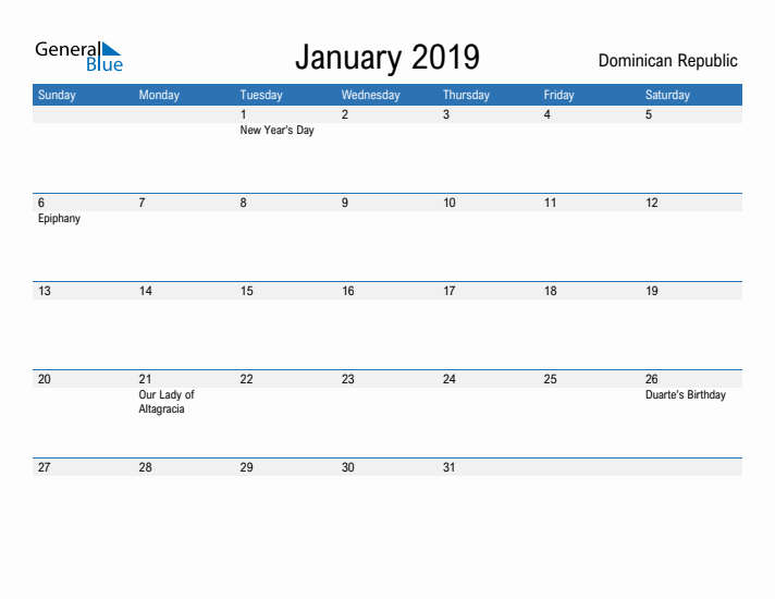 Fillable January 2019 Calendar