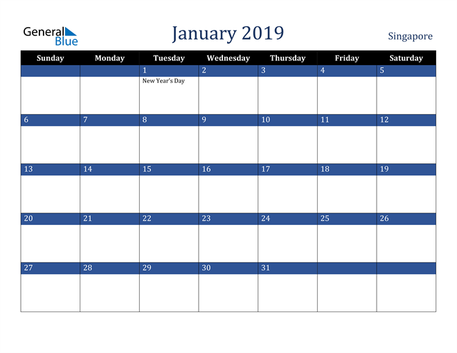 January 2019 Singapore Calendar