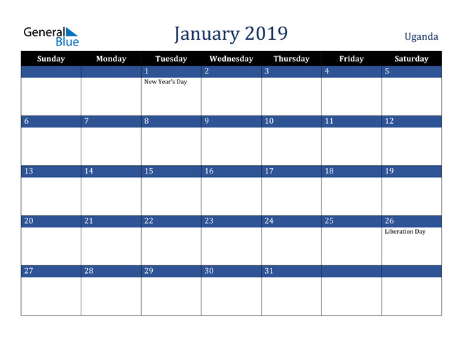 January 2019 Calendar with Uganda Holidays