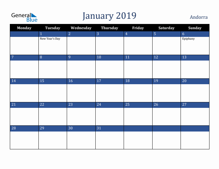 January 2019 Andorra Calendar (Monday Start)