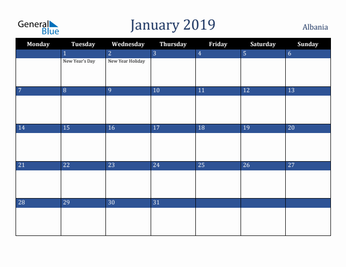 January 2019 Albania Calendar (Monday Start)