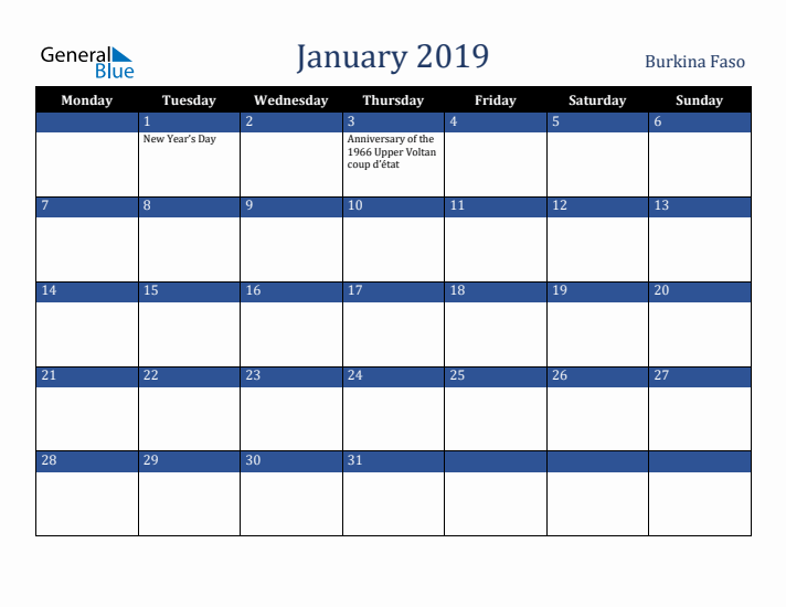 January 2019 Burkina Faso Calendar (Monday Start)