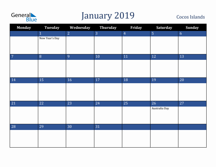 January 2019 Cocos Islands Calendar (Monday Start)