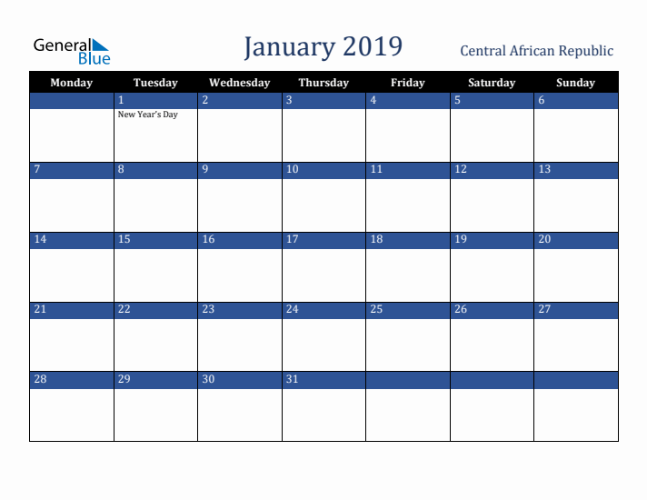 January 2019 Central African Republic Calendar (Monday Start)