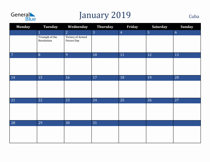 January 2019 Cuba Calendar (Monday Start)