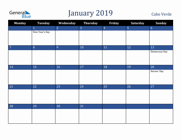 January 2019 Cabo Verde Calendar (Monday Start)