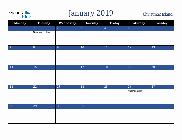 January 2019 Christmas Island Calendar (Monday Start)