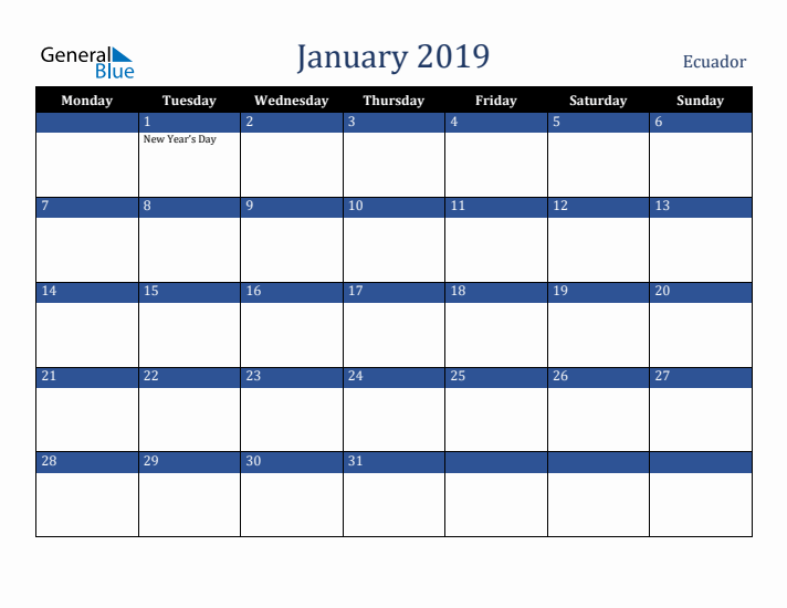 January 2019 Ecuador Calendar (Monday Start)
